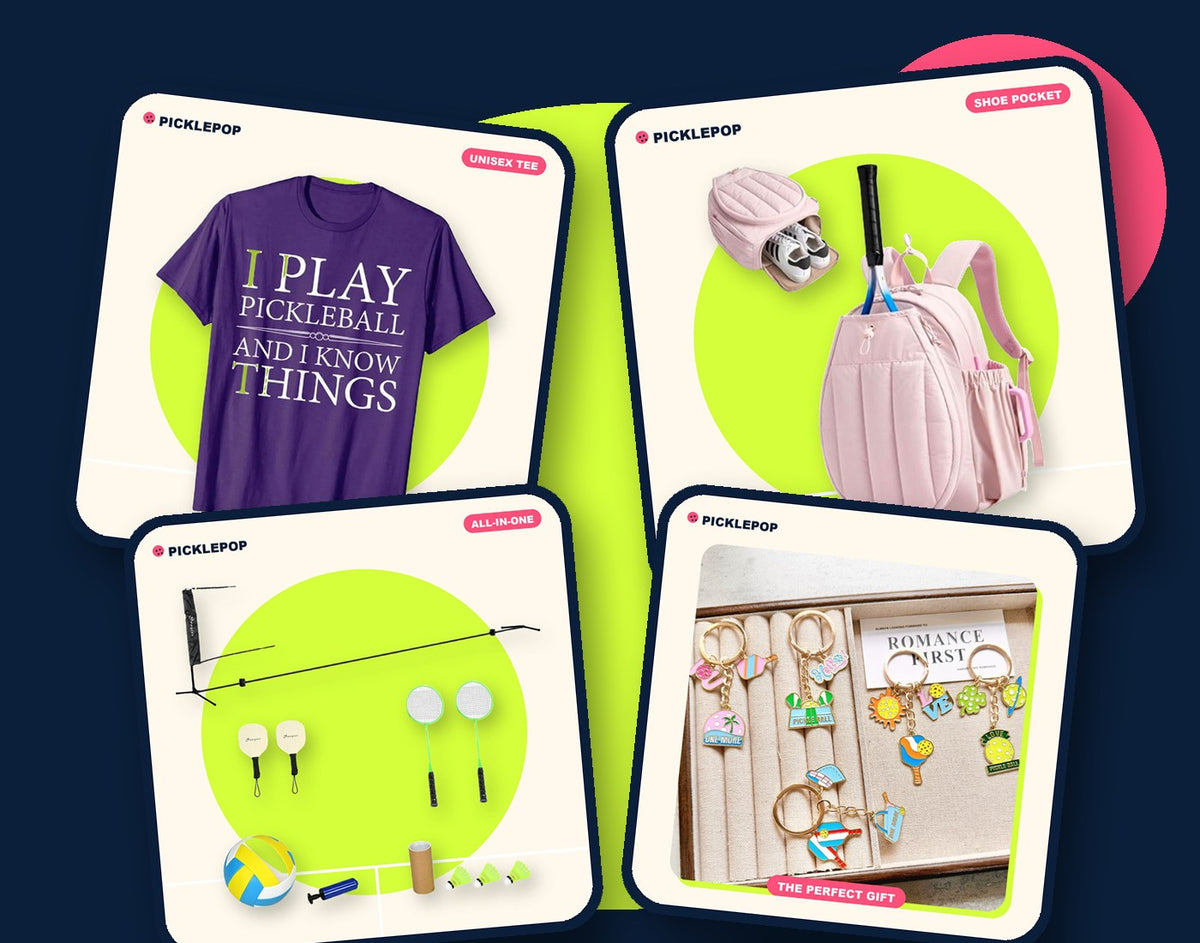 PicklePop pickleball gifts: tee, backpack, game set and keychains