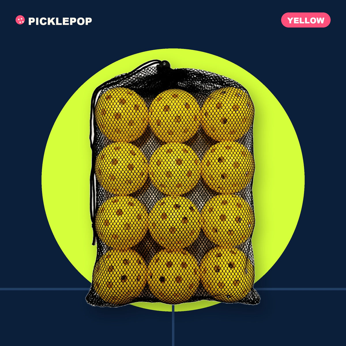 Yellow 40-hole outdoor pickleballs, 12 per bag